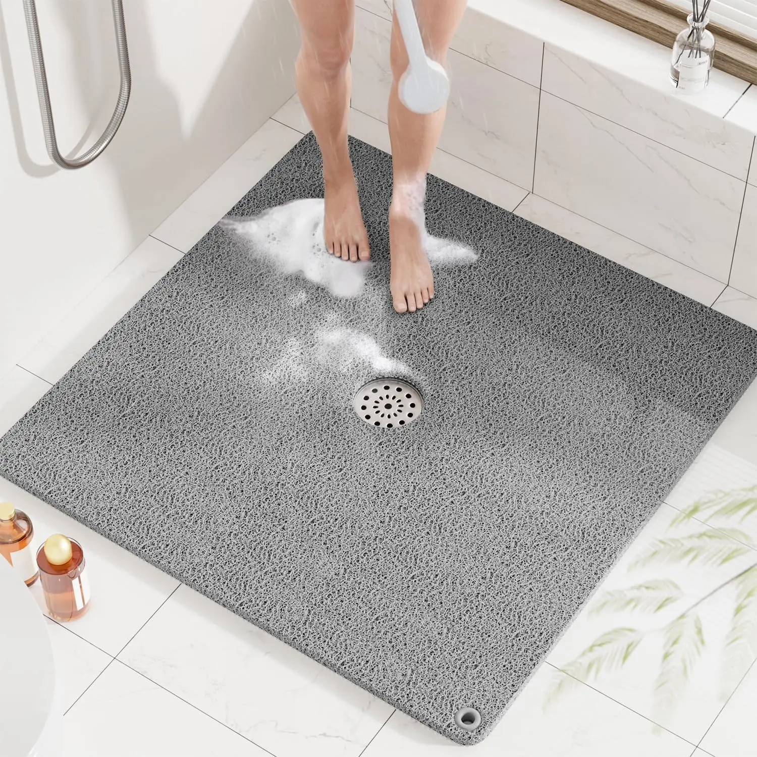 Shower Mat, 32x32 Inch Square Non Slip Bathtub Mat, Soft PVC Loofah Bath Mat for Tub with  Holes, Quick Drying Shower Floor Mat, Without Suction Cups, Grey