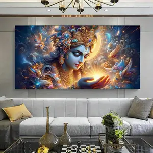 1 piece canvas painting with wood frame, Modern Krishna canvas poster - vibrant blue skinned deity with gold decoration and peacock feathers, Large canvas wall art for decorating room, living room, office etc