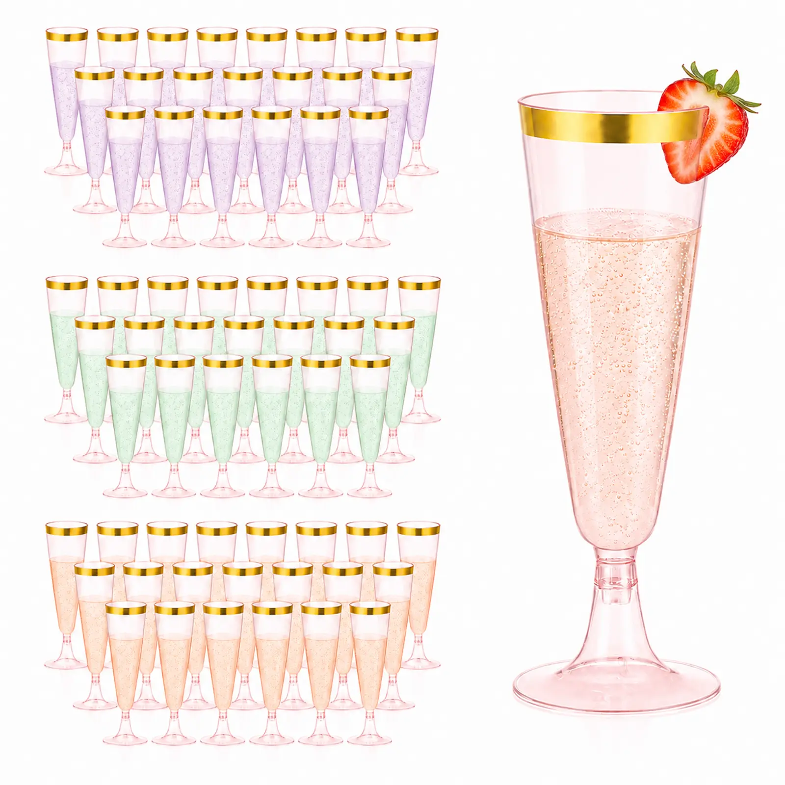 50 Clear Clear Pink Plastic Champagne Flutes, 5oz Plasticne Glasses,Assemble for Party Wedding Cocktail Cups