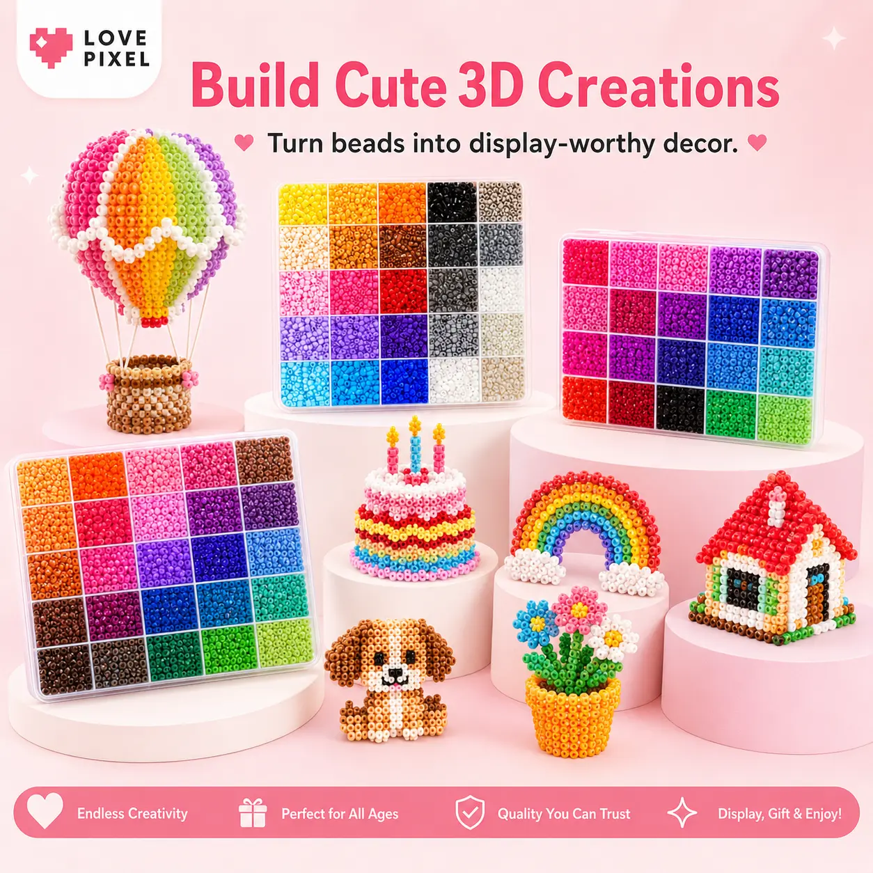 Love Pixel 2.6mm Plastic Bead Puzzle Set - Creative DIY Bead Art Kit with Pegboards, Ironing Paper, Tweezers, Accessories, 3D Patterns, Fuse Securely, 24/48/72/96 Color Options, Christmas Keychain Fashion Accessory