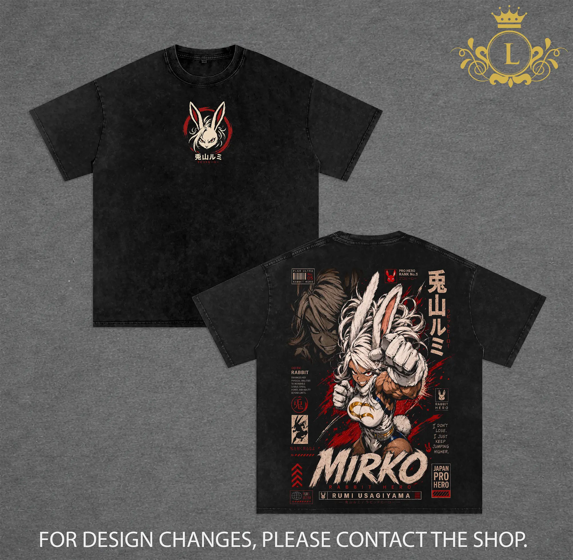Mirko - My Hero Academia Double Printed Graphic Tee, Vintage Washed Streetwear for Men, Heavyweight Oversized Shirt, Acid Wash Y2K Anime Merch