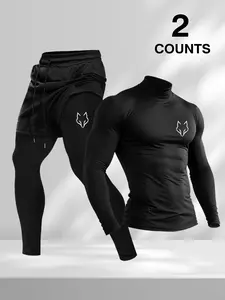 Men's 2 Piece Unique Wolf Print Workout Set, Quick-Dry High Stretch Compression Shirt & 2 in 1 Shorts, Athletic Gym Tracksuit, Training Outfit for Running, Athleisure Wear Set