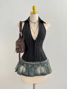 Women's Summer Striped Slim-Fit Sleeveless Halter Vest, Fashionable American Vintage Design, Casual Wear for Women