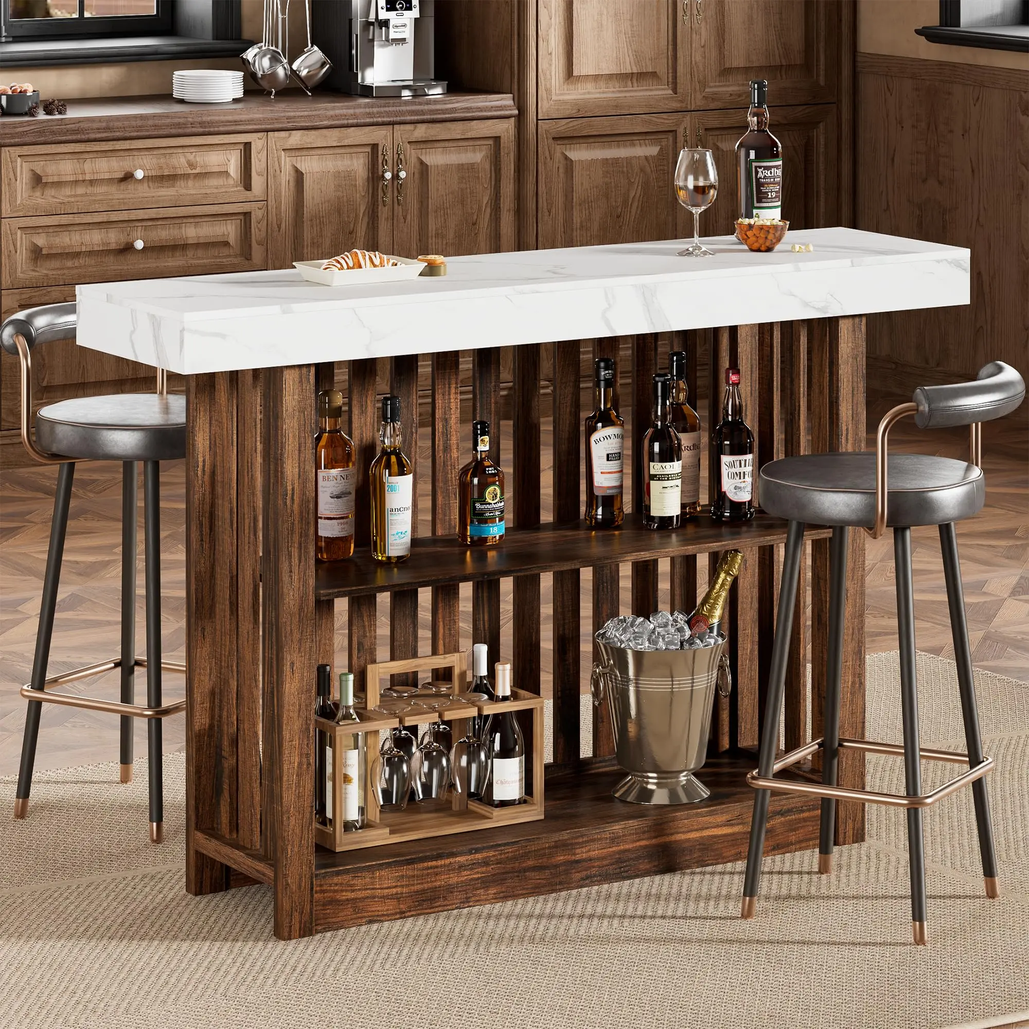 Industrial Bar Height Dining Table with Dual Level Storage Shelves, Modern Pub Table for Restaurant Bistro or Living Room