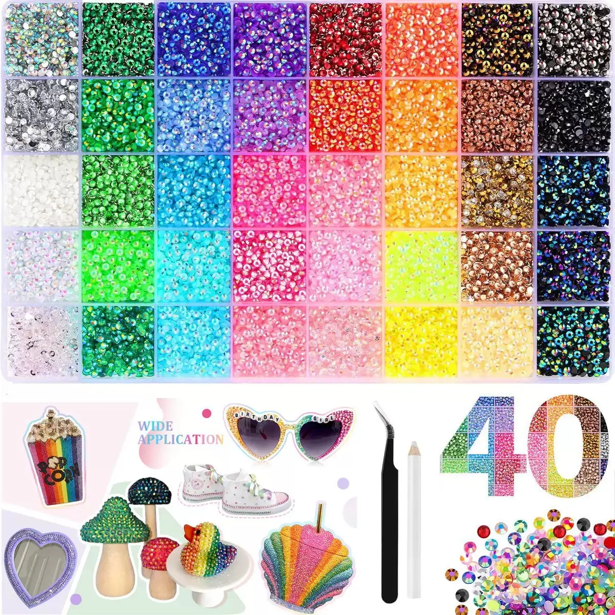DIY Rhinestone Bedazzling Kit - 40-Grid, 40 Colors+40000pcs+Tools Including Picker Pencil, Ideal for Nail Art & Clothing, Creative Party Gift for Her