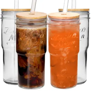 24oz Fashionable Mason Jar Inspired Glass Cups with Lids and Straws | Set of 4 for Car Cup Holders | Travel Coffee Mugs | Ideal for Iced Coffee/Smoothies/Beverages/Boba | Clear Cute Water Tumblers | Innovative Twist on Classic Mason Jars