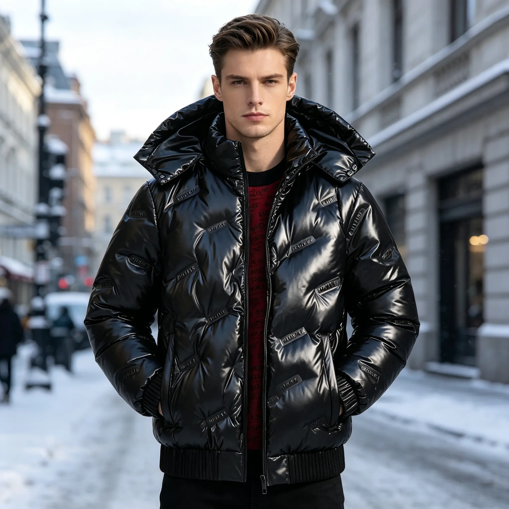 Men’s glossy black hooded down jacket with embossed logo and stitched design, a warm, insulating winter outerwear piece suitable for everyday casual wear and snowy days.