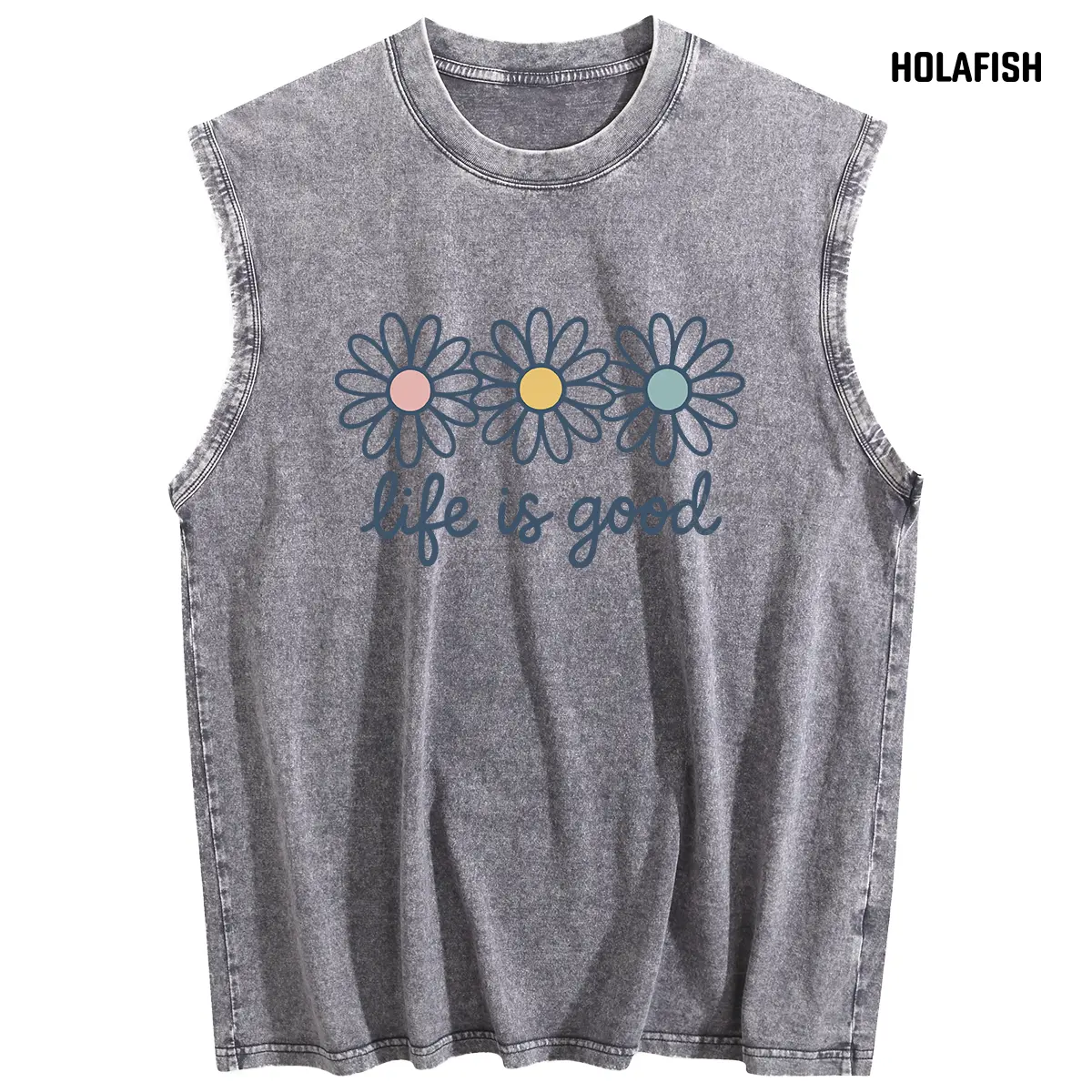 Holafish Upgraded Oversize Tank Tops Acid Washed Printed Tops, Unisex Casual Sleeveless Tee Loose Fit Cotton Blend Summer Beach Tank Top