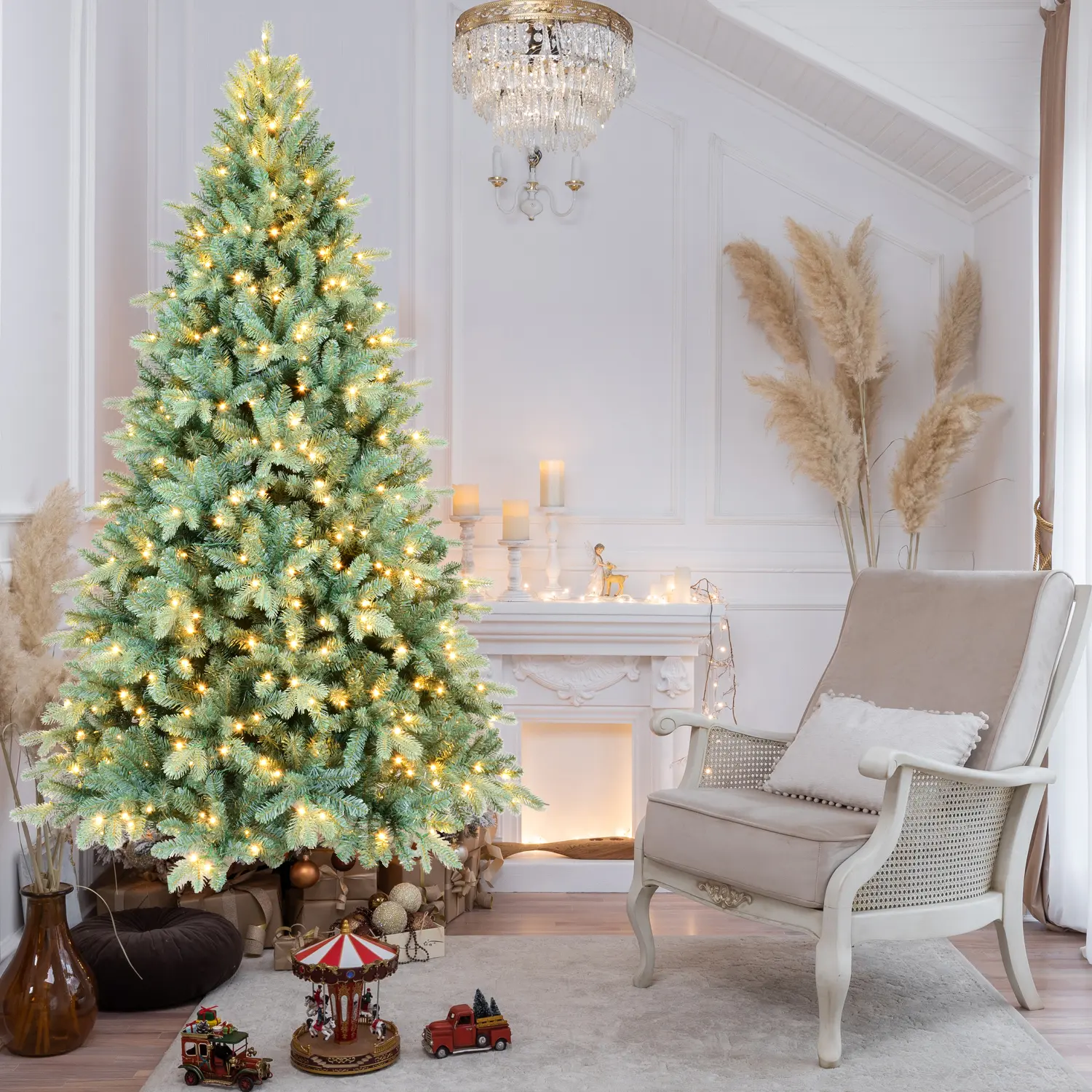 7FT Blue-Green Tint PE/PVC Plastic Collapsible Artificial Christmas Tree, Bold Colors Indoor Home Holiday Decoration, 500 Warm White LED Lights, 1845 Tips, Hinged Branches, Full Natural Look, Stable Metal Stand, Easy Install & Assembly