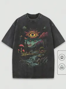 Summer T-Shirt, 230G Washed T-Shirt, "Fantasy Forest And Sun Eye", Pattern Printed T-Shirt, Wax Printed Cotton Thickness, Outdoor Activities, Great Gi y2k,soulja,concert,Halloween,Gothic,Vintage,Streetwear Graphic Y2K Streetwear Graphic Tee