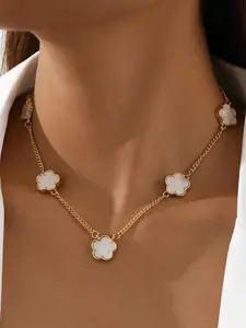 3pcs Fashion Stainless Steel Flower Decor Chain Necklace Earring Set For Women Daily Life Valentines Gold Color Jewelry