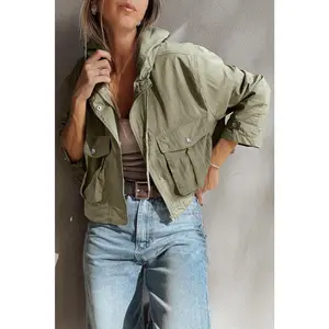 Laurel Green Zipped Pocket Cropped Hooded Utility Jacket