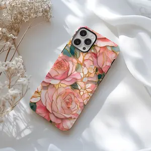 Pink rose stained glass aesthetic phone case, suitable for iPhone 16, iPhone 15, iPhone 14, iPhone 13, iPhone 12, iPhone 11, floral phone case, a gift for friends and family.