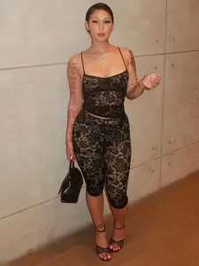 Women's Plain Floral Lace Cami Top & Skinny Pants Two-piece Set, Sexy Fashion Casual Two Piece Outfits for Daily Outdoor Wear, Lady Black Clothes Outfit, Womenswear