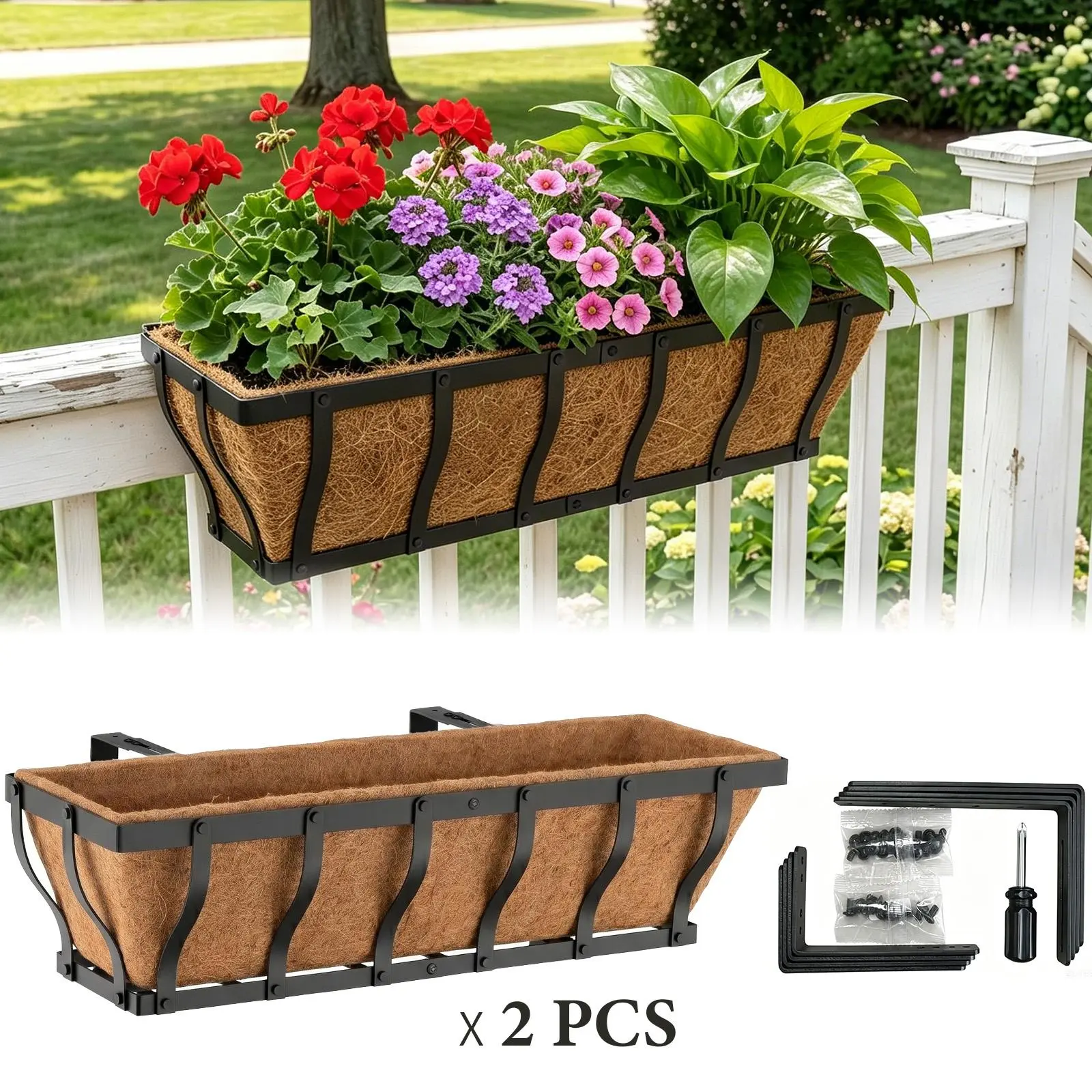 VOXOR 24-in Adjustable Rust-Proof Metal Railing Hanging Planter Box with Natural Coco Liner & Support Rod, 2-3 Pack Black Outdoor Planter Boxes for Front Porch, Balcony Railing