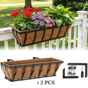 VOXOR Adjustable Metal Railing Planter Box with Coco Liner,2~3 pack, 24 inch, Black
