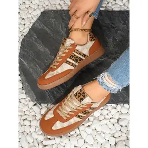 Women's Orange - Brown Suede & Canvas Low - Top Sneakers, Leopard Print Stripes, Lace - Up Design, Comfortable Casual Walking Shoes, Versatile All - Match Fashion Trainers, Trendy Streetwear Footwear