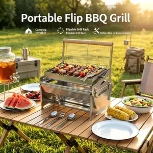 360° rotatable and removable, home and outdoor charcoal grill, portable barbecue rack suitable for camping and picnics, easy to clean, stainless steel