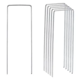 Unique Bargains Garden Stakes Pins U Shape 8" L x 0.08" Dia., Galvanized Landscape Staples Lawn Pegs for Ground Cover Weed Barrier Fabric, Silver Tone Pack of 25