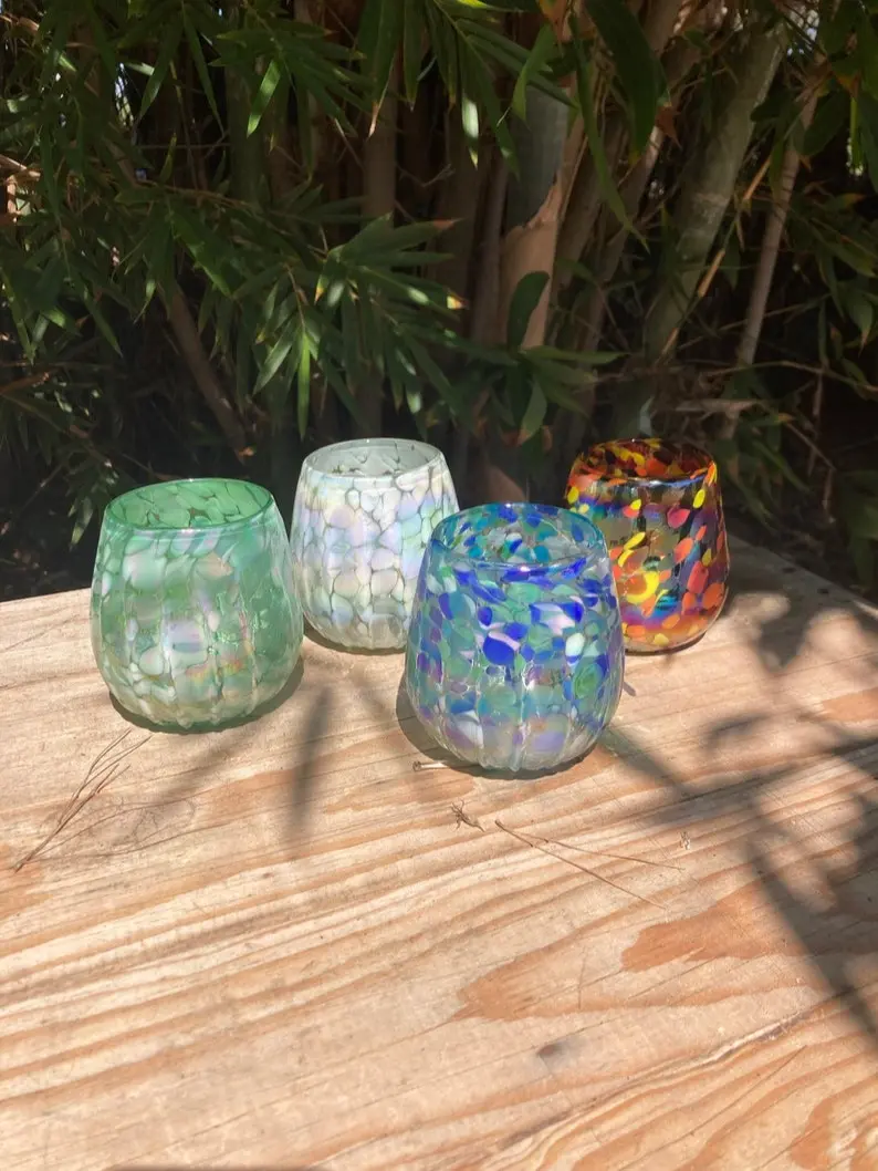 4 Hand Blown Stemless Wine Glasses - Custom Color Mix