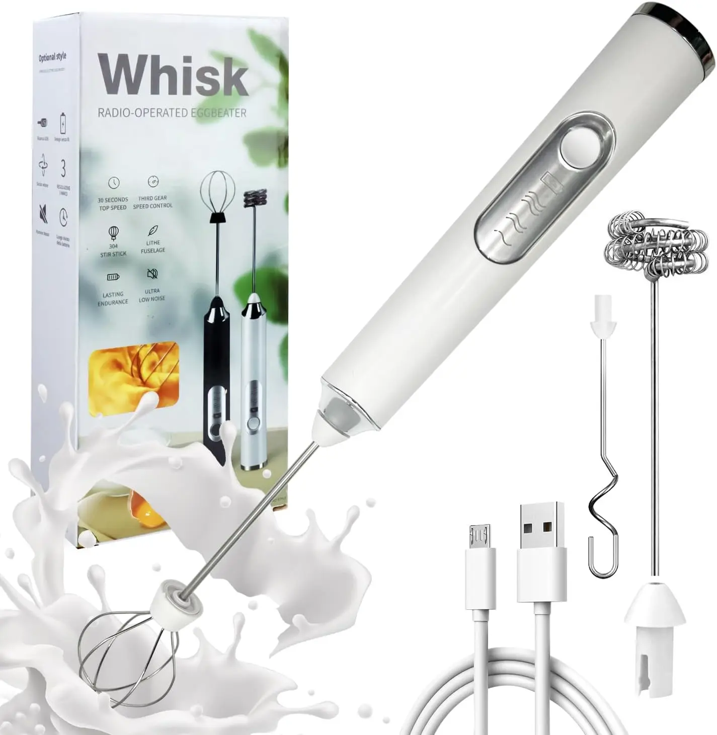 Coffee Frothing Wand - Frother, Multi-Function Blender, Beverage Coffee Frother With 3 Replacement Heads, 3 Adjustable Speeds, Rechargeable Electric Blender For Latte, Cappuccino, Hot Chocolate, Egg