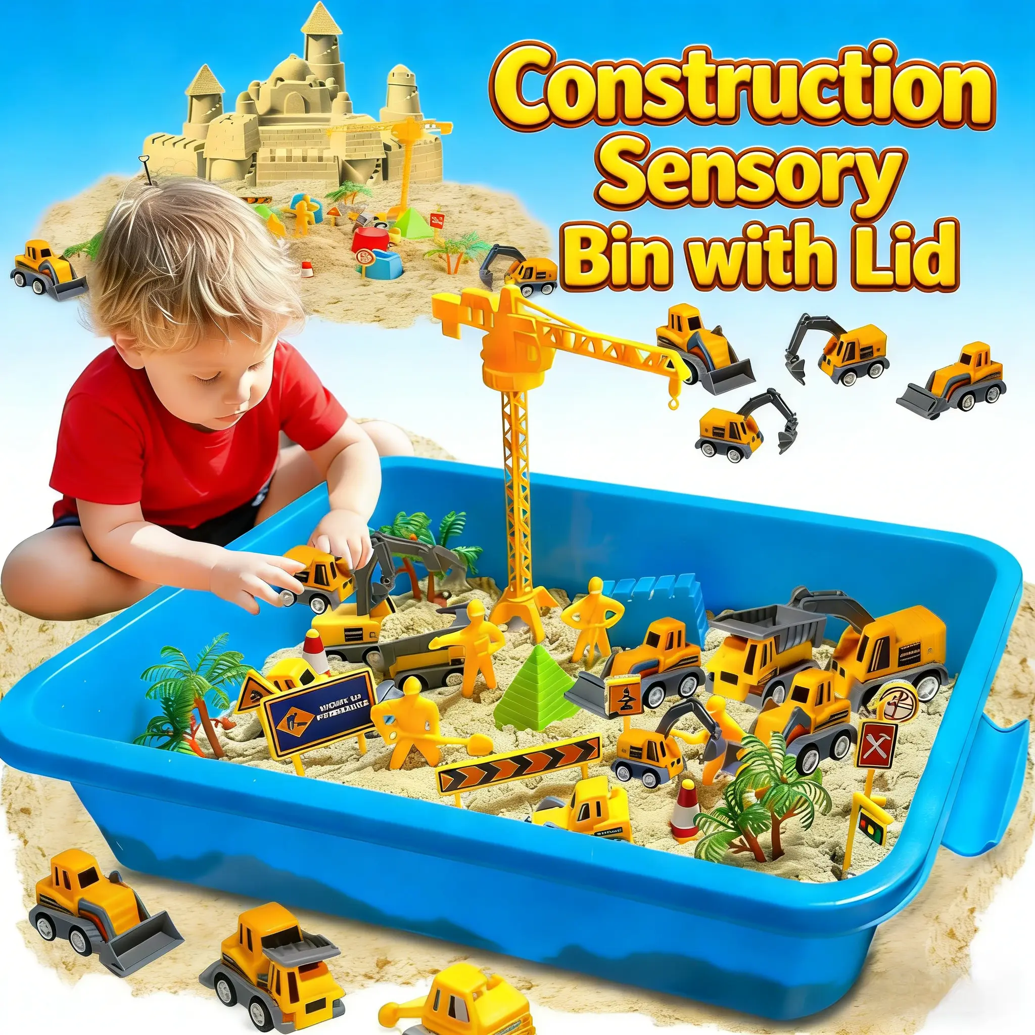 Play Sand Construction Set, 2.2lbs Magic Sand & 5 Construction Trucks, Sensory Sandbox with Cover for Boy Girl Kid Toddlers Age 3-8 Toddlers Christmas Birthday Gift, Fun With Sand