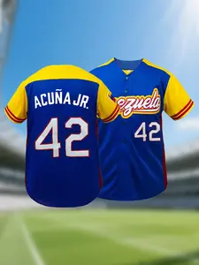 Men's Venezuela #42 Baseball Jersey, Breathable V Neck Short Sleeve Baseball Shirt, Embroidered Button Front, Sporty Long Tee for All Seasons