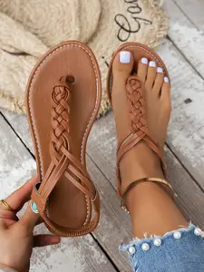 Comfortable woven sandals for summer,women's flat T-strap stretch beach shoes,available in black, brown, and burgundy,non-slip Roman sandals, suitable forwalking and vacations, Anti Slip Sandals.