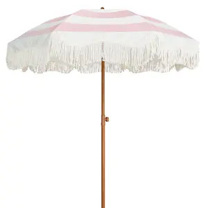 AMMSUN Boho Fringe Patio Umbrella, 6.5ft UPF50+ Pink Stripes Picnic Umbrella with Tassels, Steel Pole and Push Button Tilt for Outdoor Use