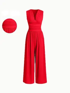 Women's Plain Ruched Deep V Neck Wide Leg Jumpsuit, Sleeveless Ribbed Jumpsuit for Daily Wear, Ladies Clothes for All Seasons, Casual Basic Jumpsuit, Casual Jumpsuits