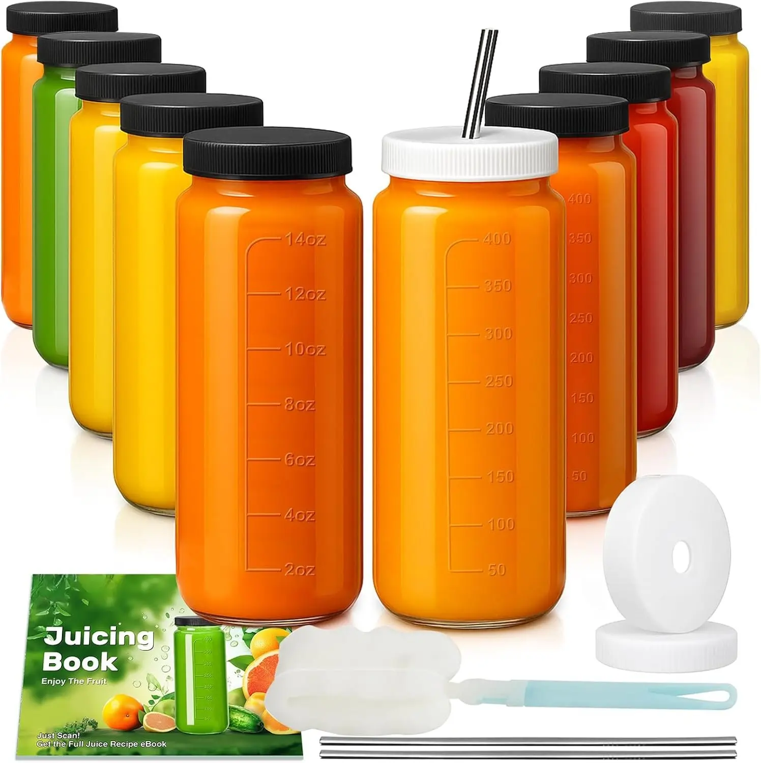 16oz 10 Pack Juice Bottles, Glass Bottles with , Smoothie Cup  and Straws, Water Bottle Mason Jar Drinking Glasses for Juicing, Smoothies, Kombucha
