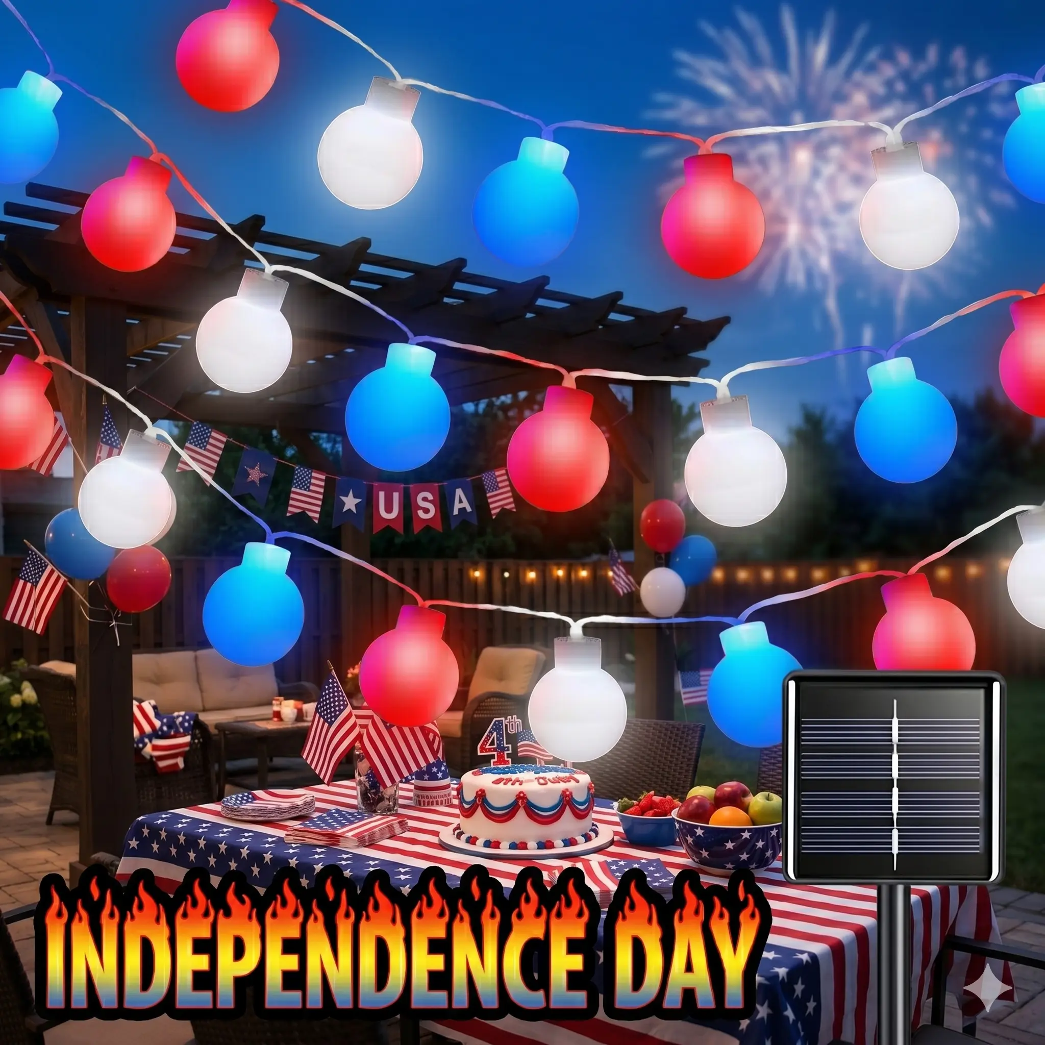 80 LED Solar Frosted Ball Light Strings - Red, White and Blue Patriotic Decorative Lights for 4th of July Fourth of July, Camping, Terraces