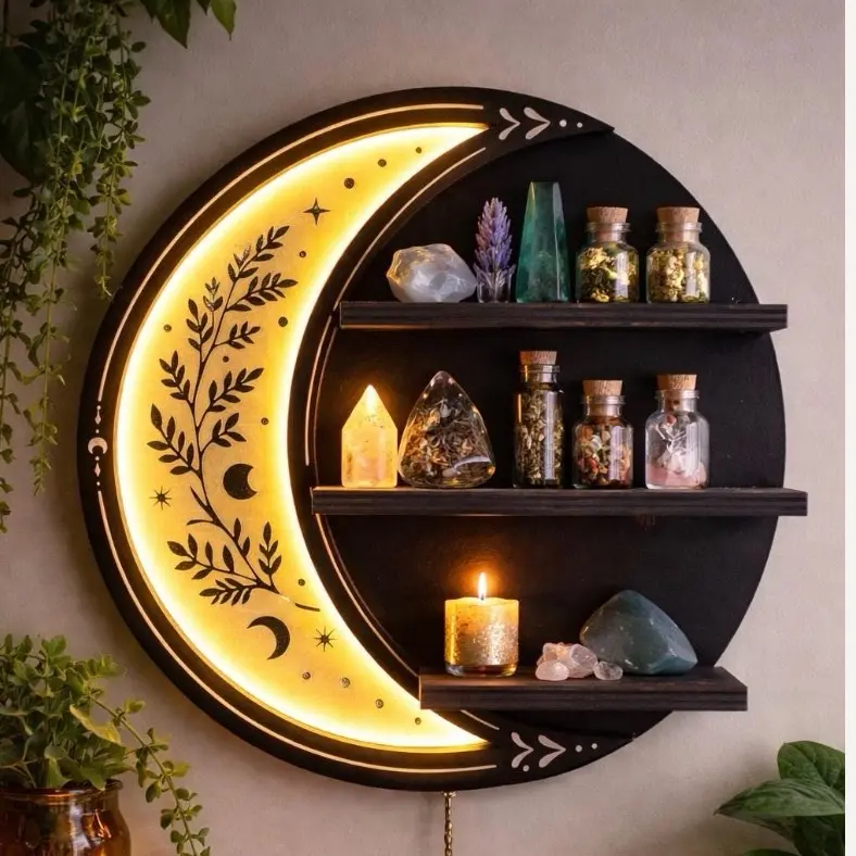 Handmade 12” LED Crescent Moon Shelf with Herb Motif - Witchy Wall Shelf for Crystal, Altar & Apothecary Decor by Crowe’s Cauldrons