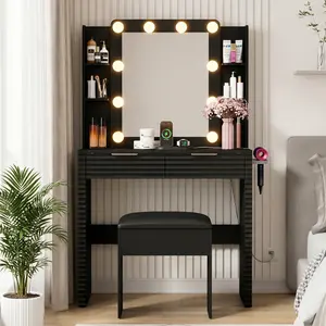 37" Black Vanity Desk with 10 LED Bulbs & Charging Station, Fluted Dressing Table with 2 Drawers, 4 Shelves, Hairdryer Holder, Padded Stool with Storage – Small Space， affordable makeup   Vanity