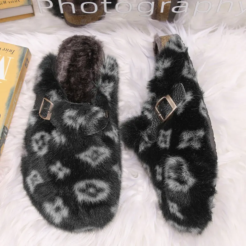 Unisex Winter Faux-Fur Slippers, Warm Fuzzy Closed-Toe Clogs with Faux-Leather Buckle Strap and Anti-Slip Thick Sole for Indoor and Light Outdoor Wear, Perfect Gift
