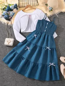 Girls' Blue Classic Color Block Long Sleeve Short Jacket Set with Bow Detail, Fashionable Summer, Casual Wear, Dresses