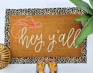 Western Hey Y'all coir doormat, colorful boho decor for your front porch entry, unique and custom welcome mat for your home