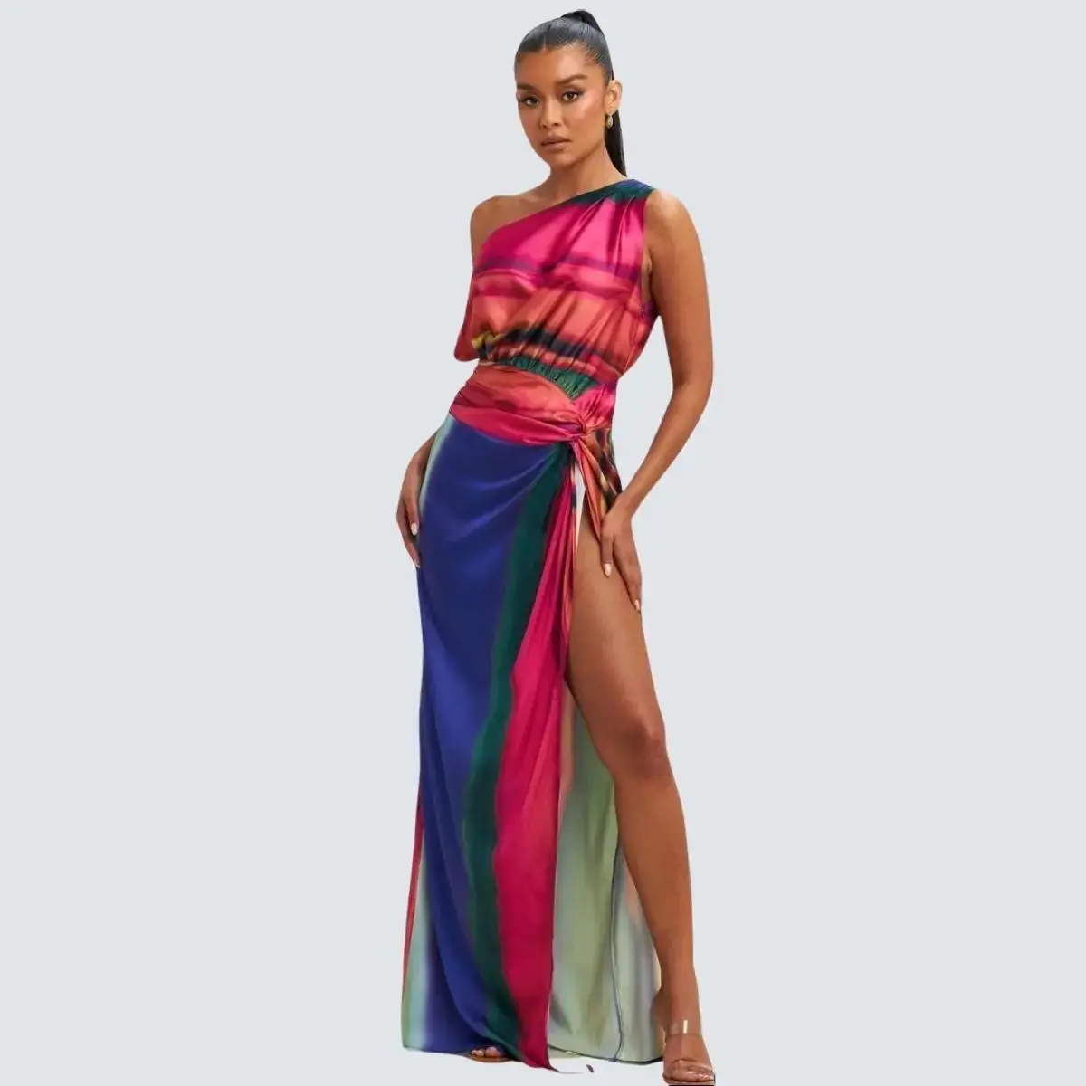 Laura Rainbow Stripe High Slit Maxi Dress Sleeveless Casual Comfort Fit