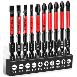 10-PCS 3" Long   Bits Set: Phillips Bits #1/#2/#3 & Slotted  - S2 Alloy Steel, 1/4" Hex Shank for  Driver, Power Drill - Pro & DIY