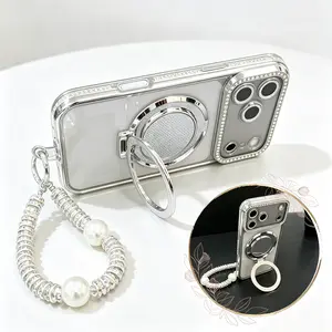 Women's Premium Mirror & Stand Smartphone Casing, Clear Shockproof Cellphone Cover with Shiny Frame & White Beaded Bracelet, Handheld Phone Accessories Compatible with 14/15/16/17 Pro Max, 17 Air, 14/15/16 Plus