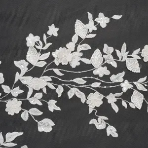 Embroidered 3D Lace with Clear Baby Sequins - White Floral Vines