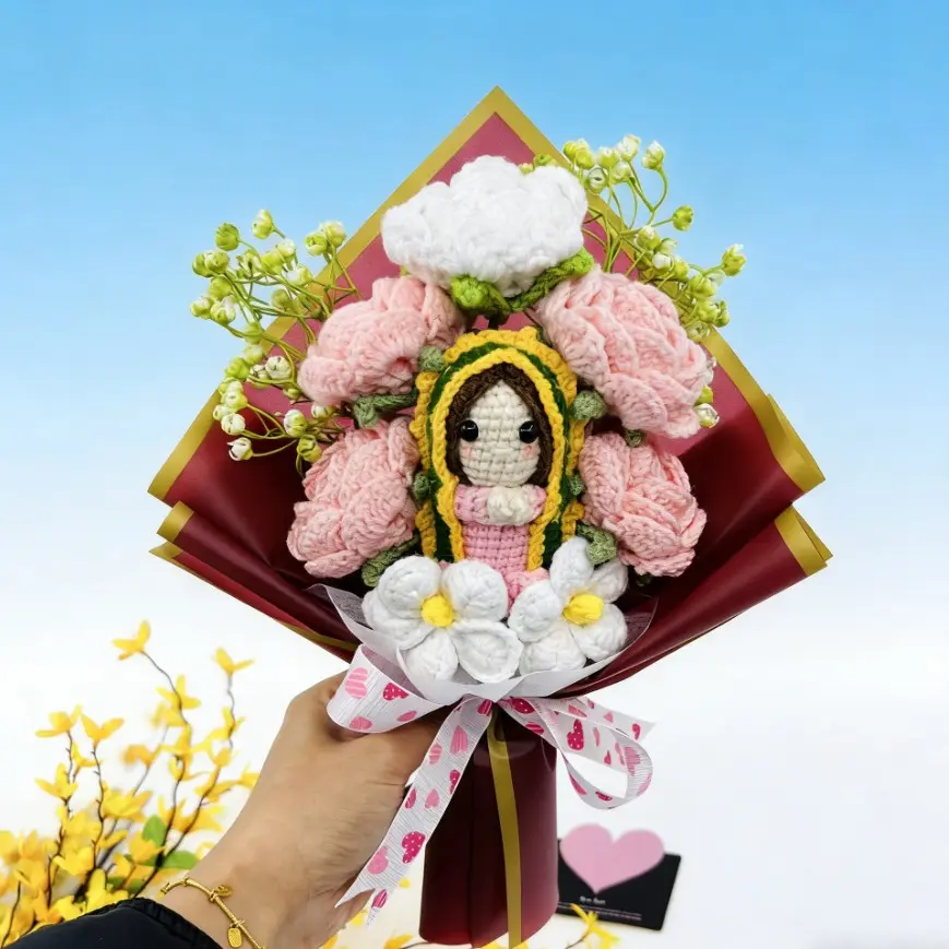 Handmade Crochet Rose Virgin Mary Doll Bouquet, Handcrafted Quality, Mother's Day Friend Lover Grandmother Party Gift, Fake Flower Arrangement Knit Memorial Gift, Soft Cuddly Gift