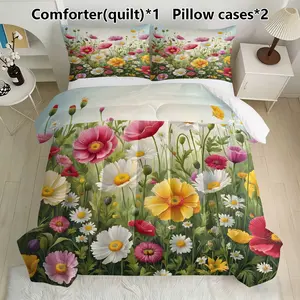 3-Piece Colorful Floral Quilt Set (1 Quilt + 2 Pillowcases), Soft Lightweight Breathable, All-Season Bedding, Decorative Bedding Set, Home or Dorm Use