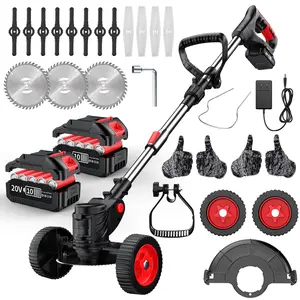 Cordless weed trimmer, high-power grass trimmer, electric trimmer, edging trimmer, shrub cutter, featuring adjustable height and a rotating head, equipped with two high-capacity batteries, three interchangeable blades, easy installation, and a lightweight