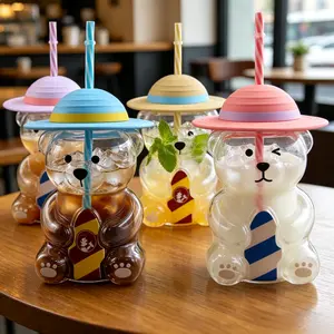 Tradeysum Cute Bear Shaped Glass Cups with Lids and Straws, 20oz Clear Glass Tumbler for Iced Coffee, Smoothie, High Borosilicate Glass, Cute Daily Cup, Sweet Gift for Birthday & Valentine’s Day Tumbler the ordinary  water  bottle