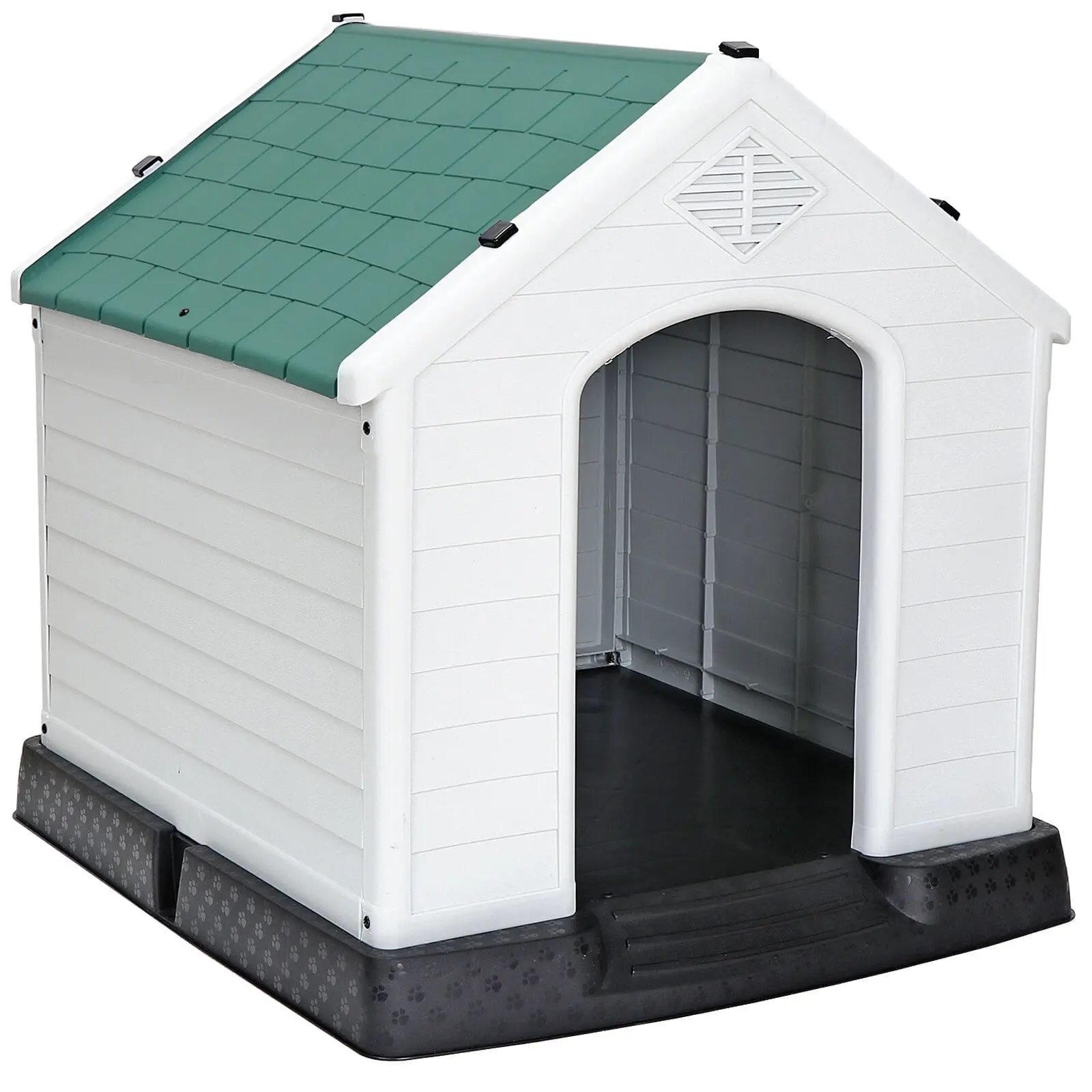 Segawe Plastic Medium Dog House - Portable All-Weather Indoor/Outdoor Indoor Kennel, White Body with Green Removable Roof, Backyard Home Decor