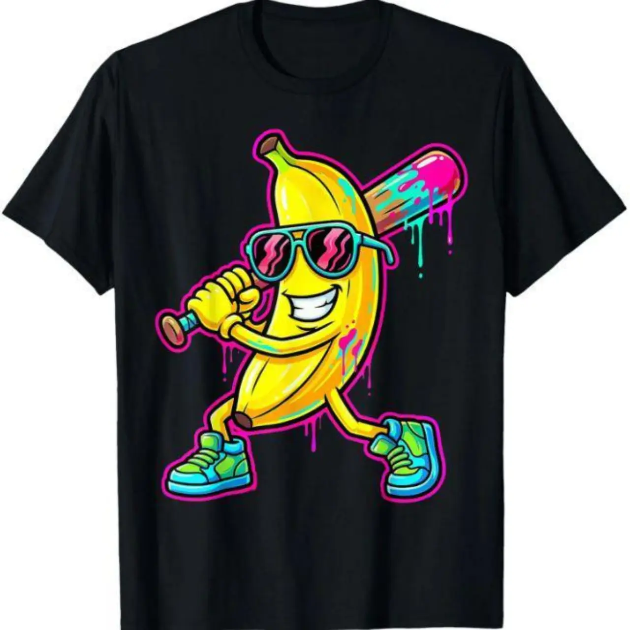 Men's Black Round Neck Short Sleeve Sporty Top - Cool Banana Baseball Player Graffiti Neon Drip Cartoon Graphic, Funny Fruit Streetwear Outfits, Plus Size Fashion Casual Top (No Box Included), Menswear, Sporty Chic
