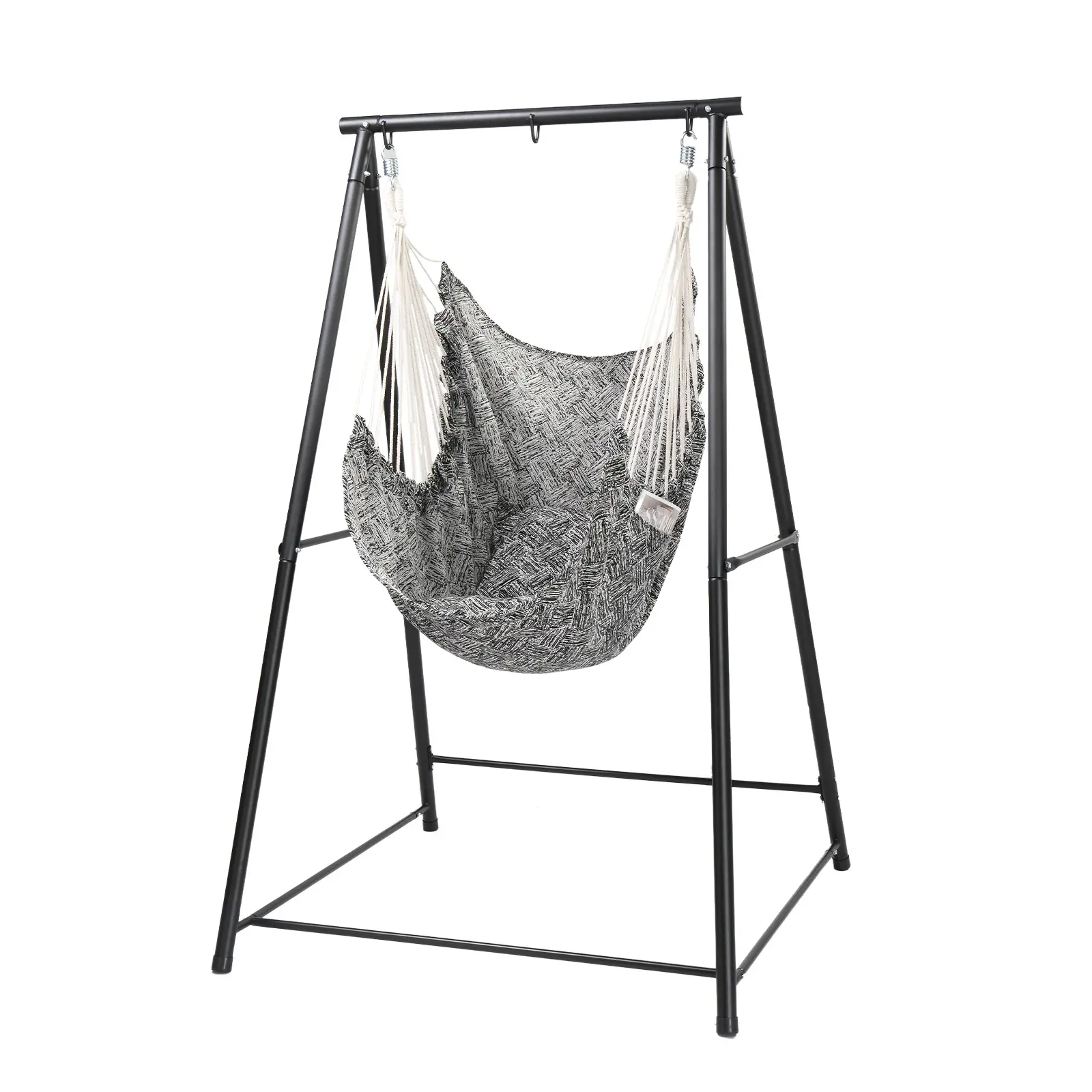Hammock Chair Stand Set 70.9 inch Steel Frame Black & White Jacquard Fabric Swing Seat 2 Pillows S Hooks Indoor Outdoor Hanging Lounge Chair
