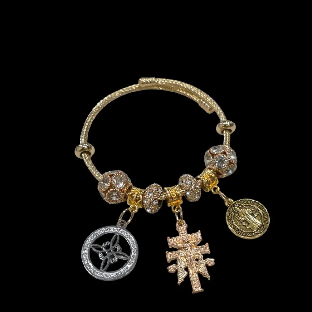 triple protection open gold plated bracelet, cruz de Caravaca, Nudo de Bruja, San Benito
