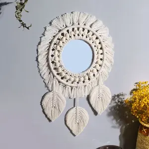 Handwoven Wall Round Mirror Decor, Bohemian Leaf Feather Design, Bedroom Living Room Home Decoration, Nordic Style Handmade Hanging Art, Boho Mirror